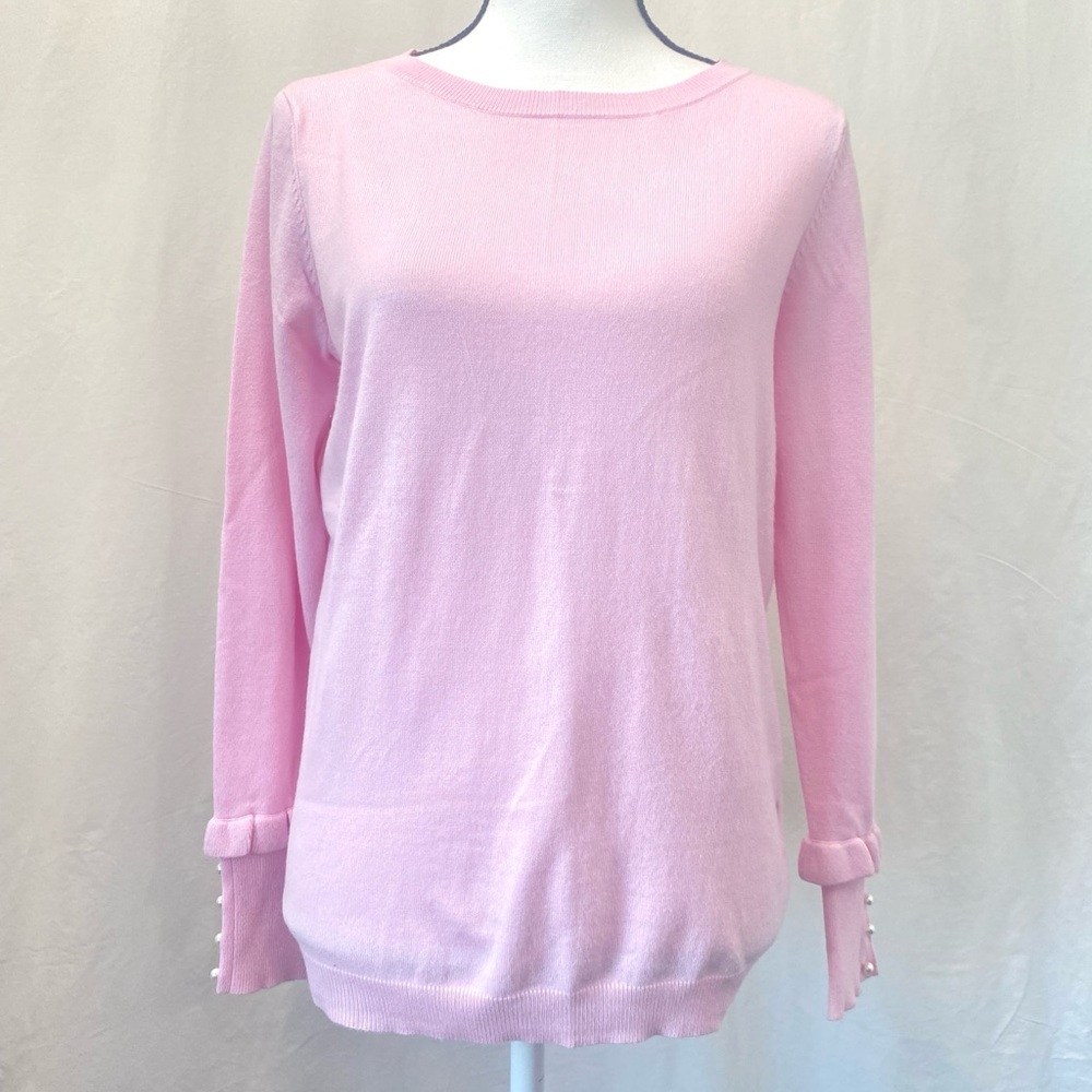 Joseph A. petite medium pink crewneck sweater ruffle cuffs pearl button coquette
